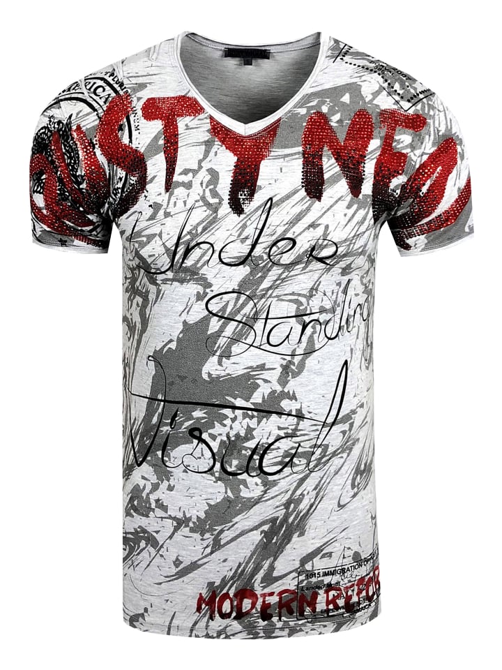 

Футболка с V-образным вырезом, украшенная стразами, серого цвета Rusty Neal, Серый, Футболка с V-образным вырезом, украшенная стразами, серого цвета Rusty Neal