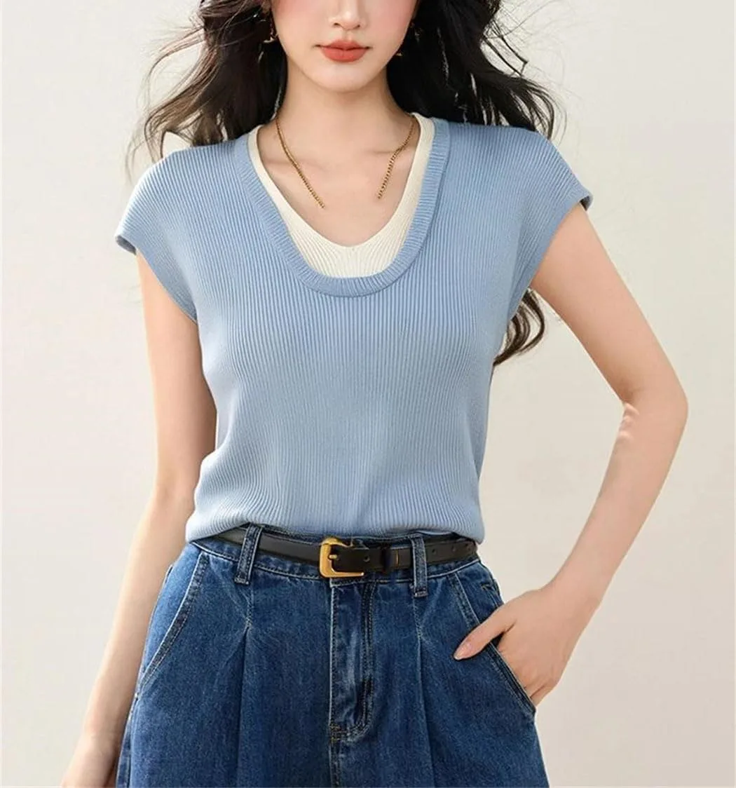 Женская летняя вязаная футболка с коротким рукавом Fake-Two Piece Slim Fit — фото 2