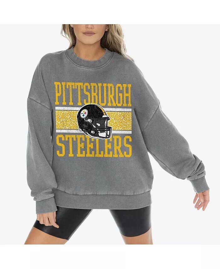 

Женский серый флисовый пуловер Pittsburgh Steelers Vintage Wash свободного покроя с круглым вырезом Gameday Couture