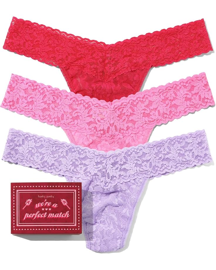 

Женские стринги Hanky Panky Signature Lace Low Rise 3-pack Matchbook, Cool Lavender Purple/Taffy/Coral