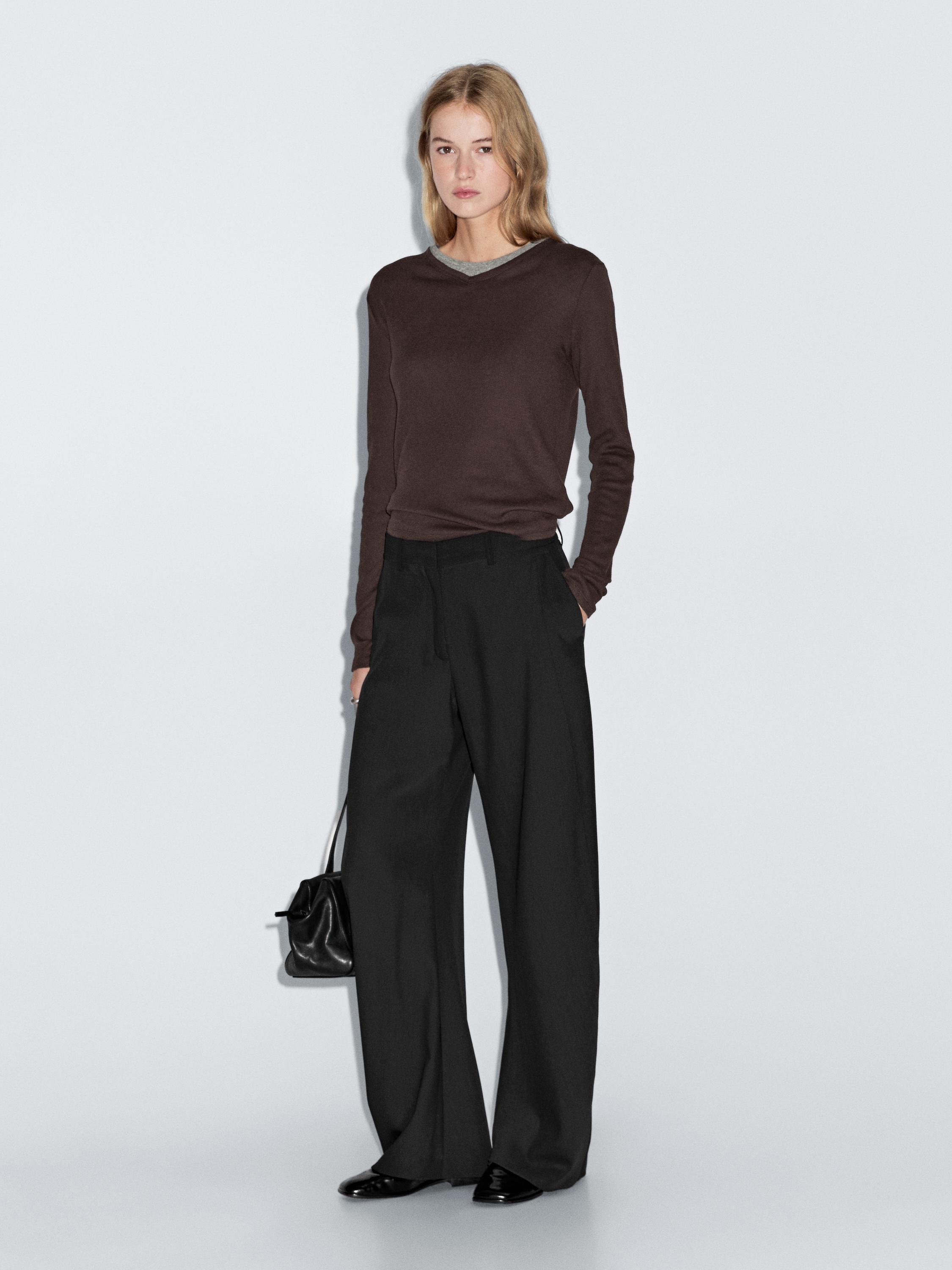 

Футболка с двойным воротником из хлопковой смеси Massimo Dutti, коричневый