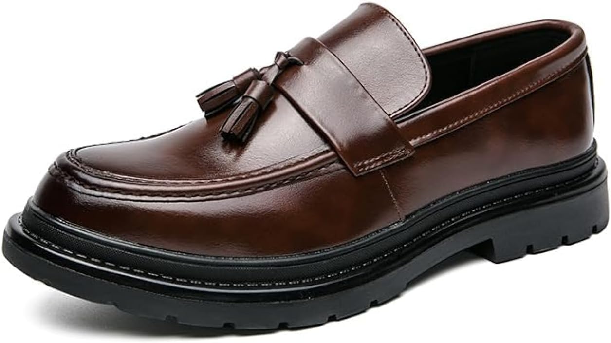 

Мужские кожаные лоферы с кисточками на платформе, слипоны, роскошные, с округлым носком, подошва с протектором, нескользящие, повседневные, с низким блочным каблуком, для бизнеса, работы и офиса Nouriron, коричневый