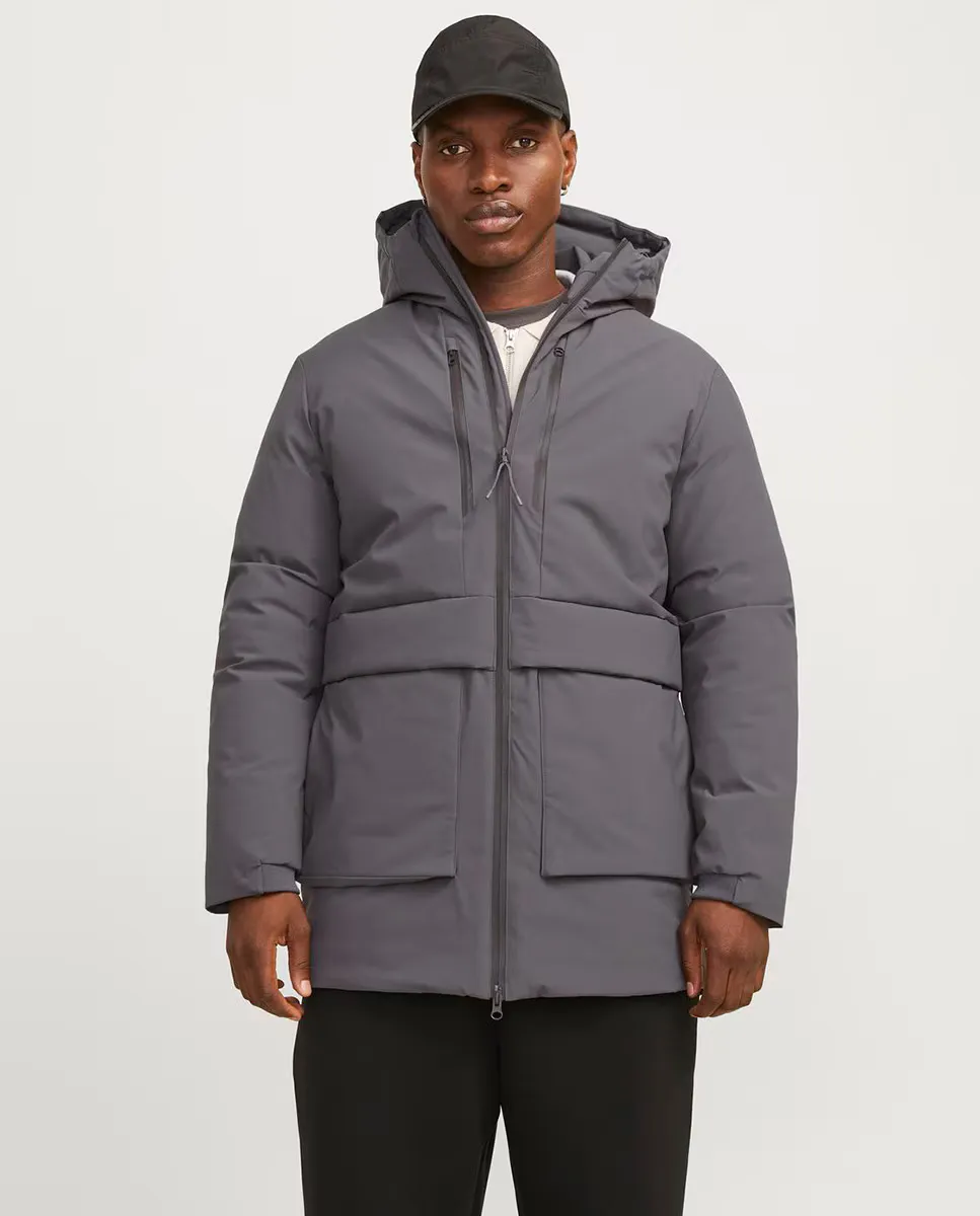 

Мужское мягкое пальто с застежкой-молнией и воротником с капюшоном Jack & Jones, серый