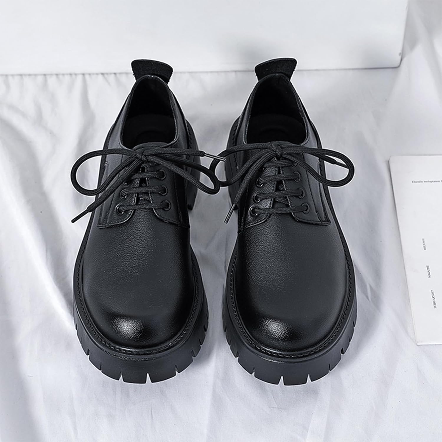 Мужские кожаные туфли с шнуровкой и массивной подошвой Oxfords, классический круглый носок, платформа, широкий каблук, деловые туфли, модные повседневные туфли Derby для увеличения роста Ptnoka, черный — фото 3