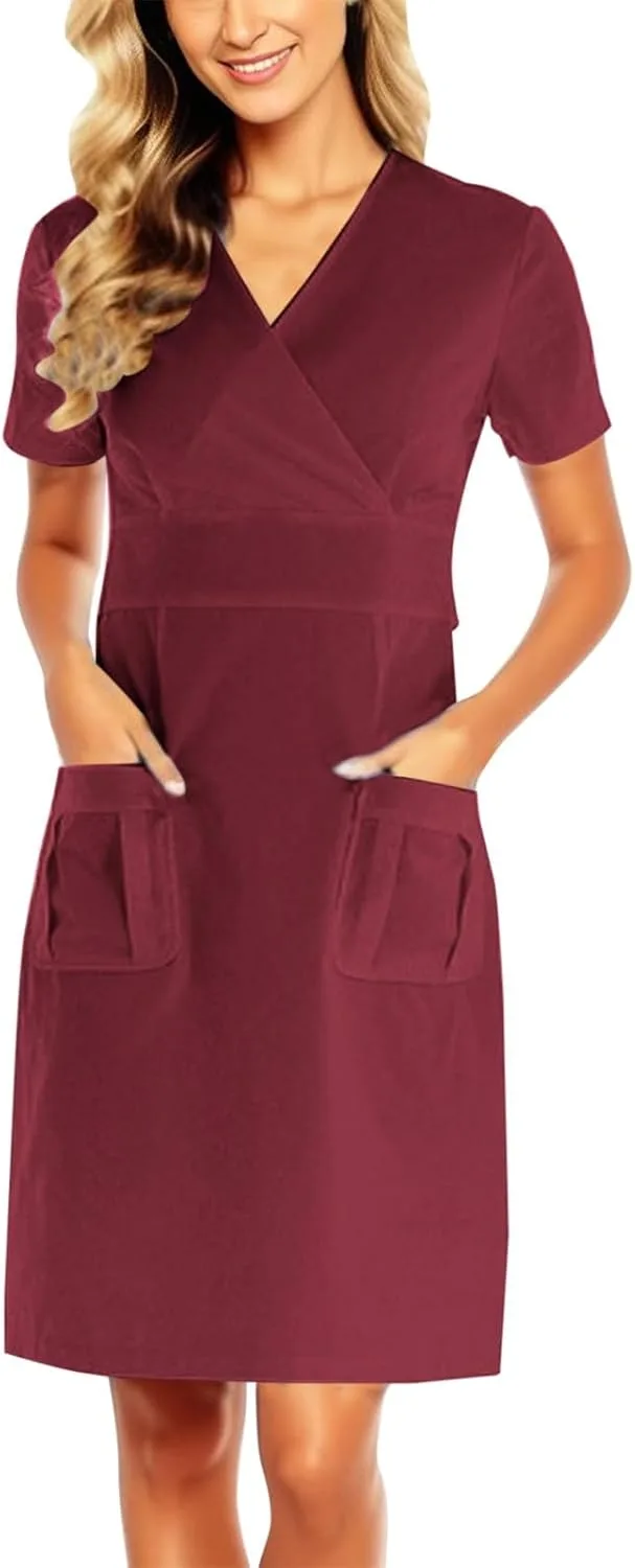 Медицинская форма для женщин: короткий рукав, платье-халат с V-образным вырезом и карманом, однотонная, для работы и отдыха Generic, красный