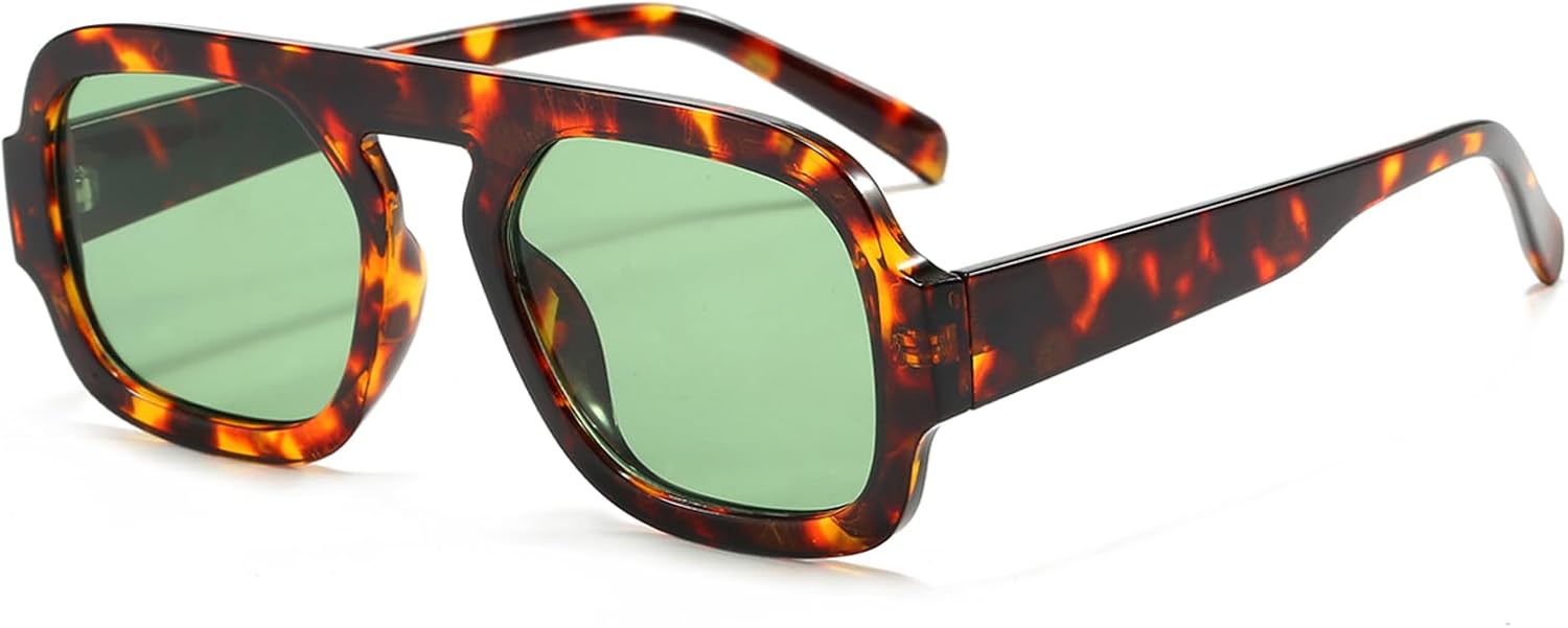 

Солнцезащитные очки Long Keeper Retro Square Pilot для женщин и мужчин, авиационные квадратные солнцезащитные очки с плоской верхней частью, прямоугольные, винтажные, в стиле 70-х, Leopard Frame - Green Lens