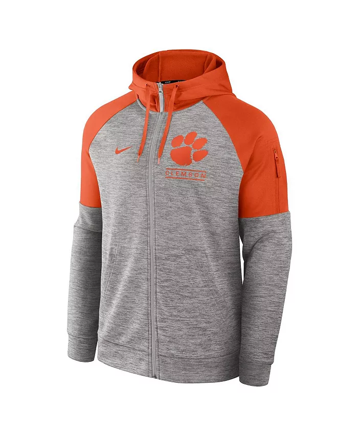 Мужская серая меланжевая толстовка с капюшоном и молнией Clemson Tigers Fitness Raglan Performance Full-Zip Hoodie Nike — фото 2