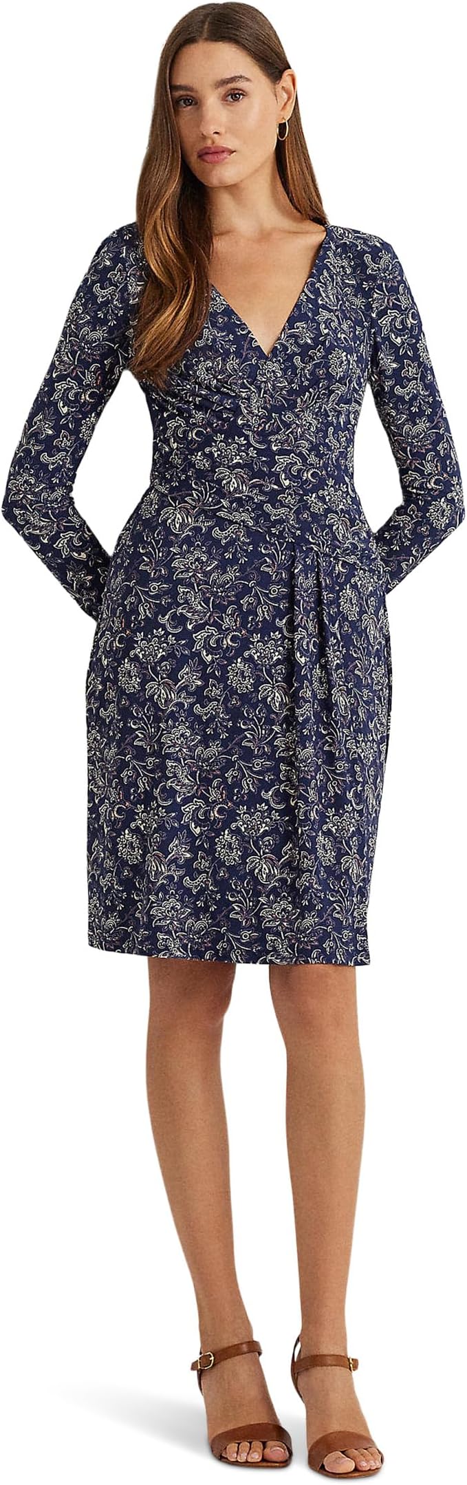

Платье Lauren Ralph Lauren Floral Stretch Jersey Long-Sleeve Dress, цвет Navy/Cream/Pink