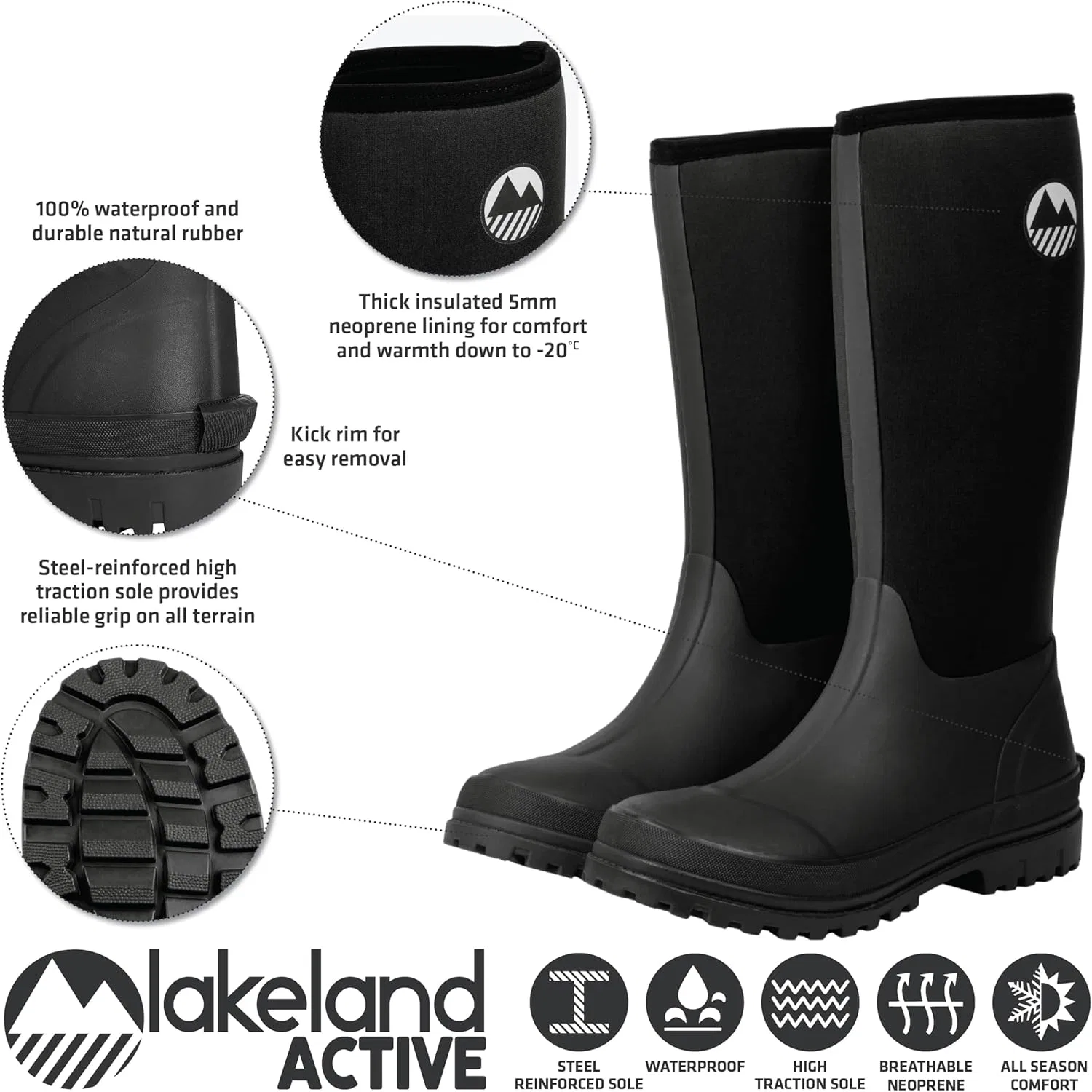 Резиновые ботинки Lakeland Active Rydal для мужчин из неопрена, Black — фото 4