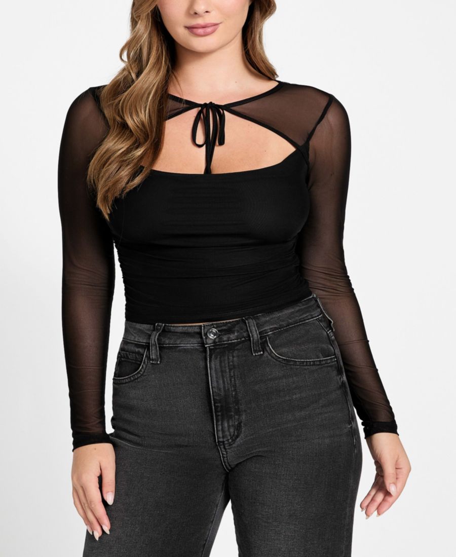 

Женская сетчатая блузка Lauryn с длинными рукавами и завязками GUESS, Jet Black A996