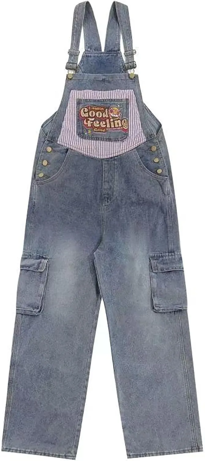 

Gothic American Street Patchwork Shoulder Strap Jeans, Women's Retro Spicy Straight Leg Loose Casual Pants Hiphop NCDUANSAN