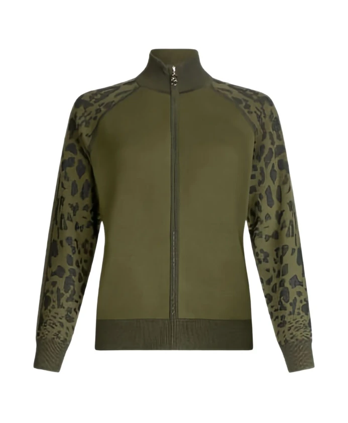 

Зеленый свитер с леопардовым принтом и застежкой-молнией на воротнике. Liu Jo, зеленый