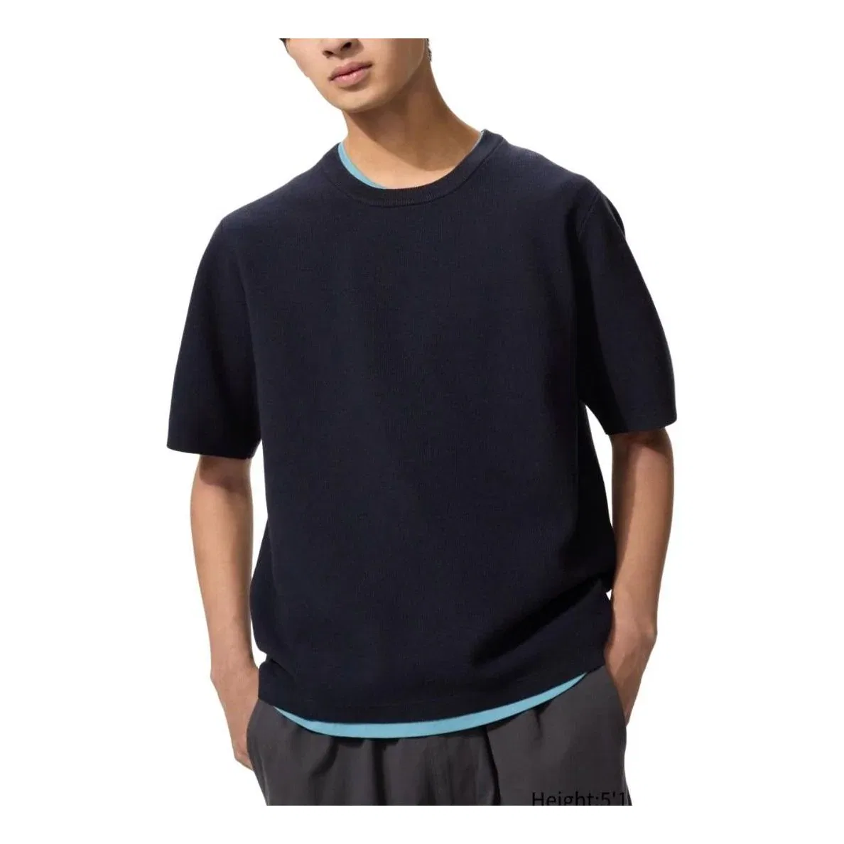 Вязаная футболка UNIQLO Milano в рубчик, темно-синяя, модель 481726-69, многоразовая