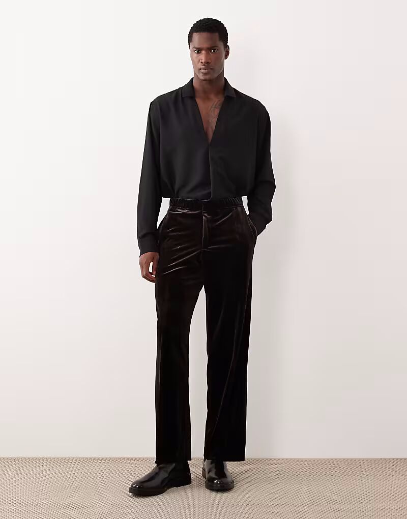 

Широкие бархатные брюки темно-коричневого цвета с эластичной талией Asos Design