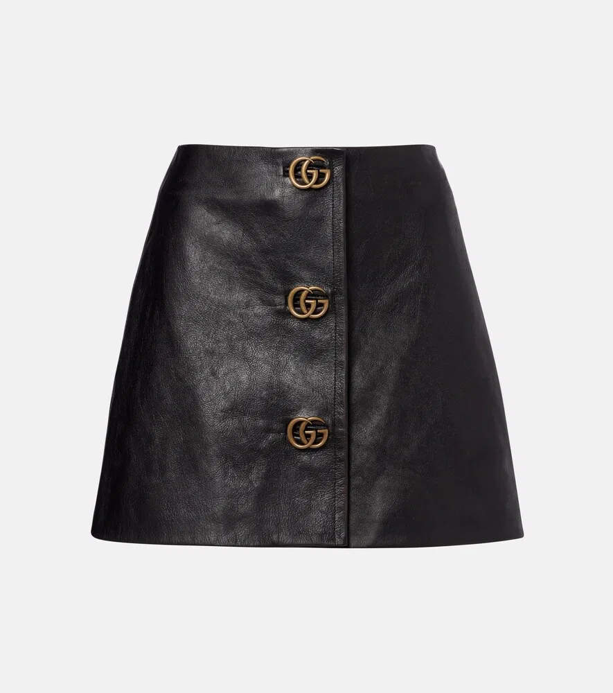 Мини-юбка Gucci Double G, кожаная, черный