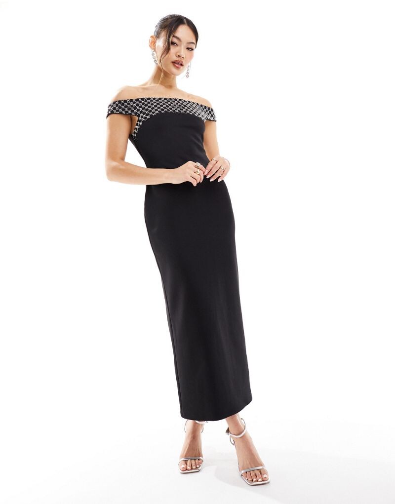 

ASOS DESIGN – черное платье миди с декорированным вырезом с открытыми плечами