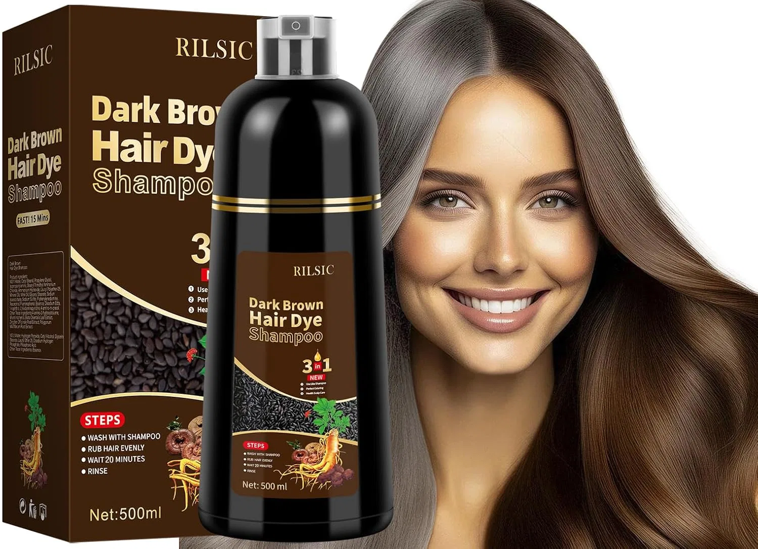 Шампунь-краска для волос 3 в 1, коричневый, 500 мл Blsfxroe, Dark Brown