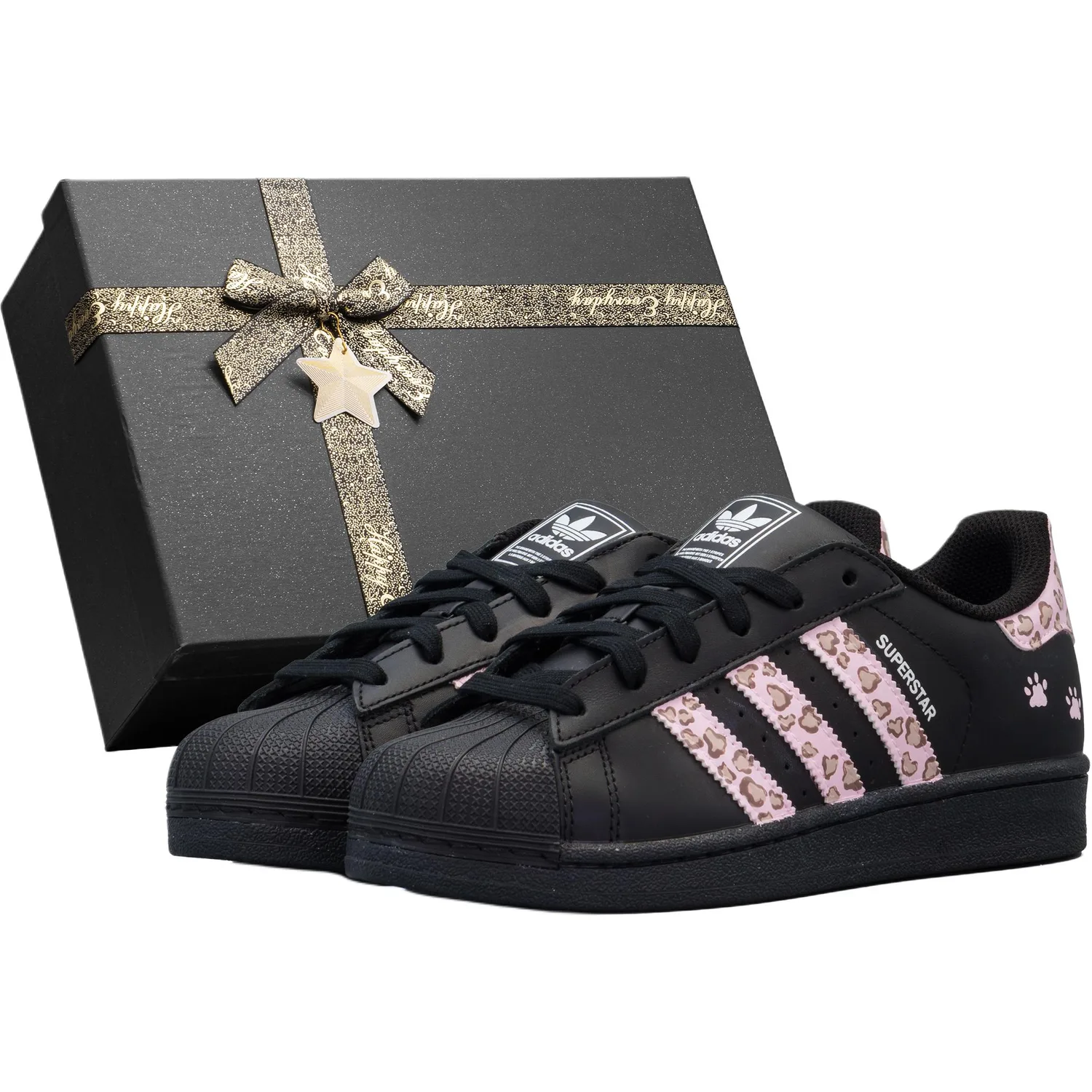 Adidas Originals Superstar 2 Leather Abrasion Resistant Low top Kids' Skateboarding Shoes Pink Leopard Print Teenagers