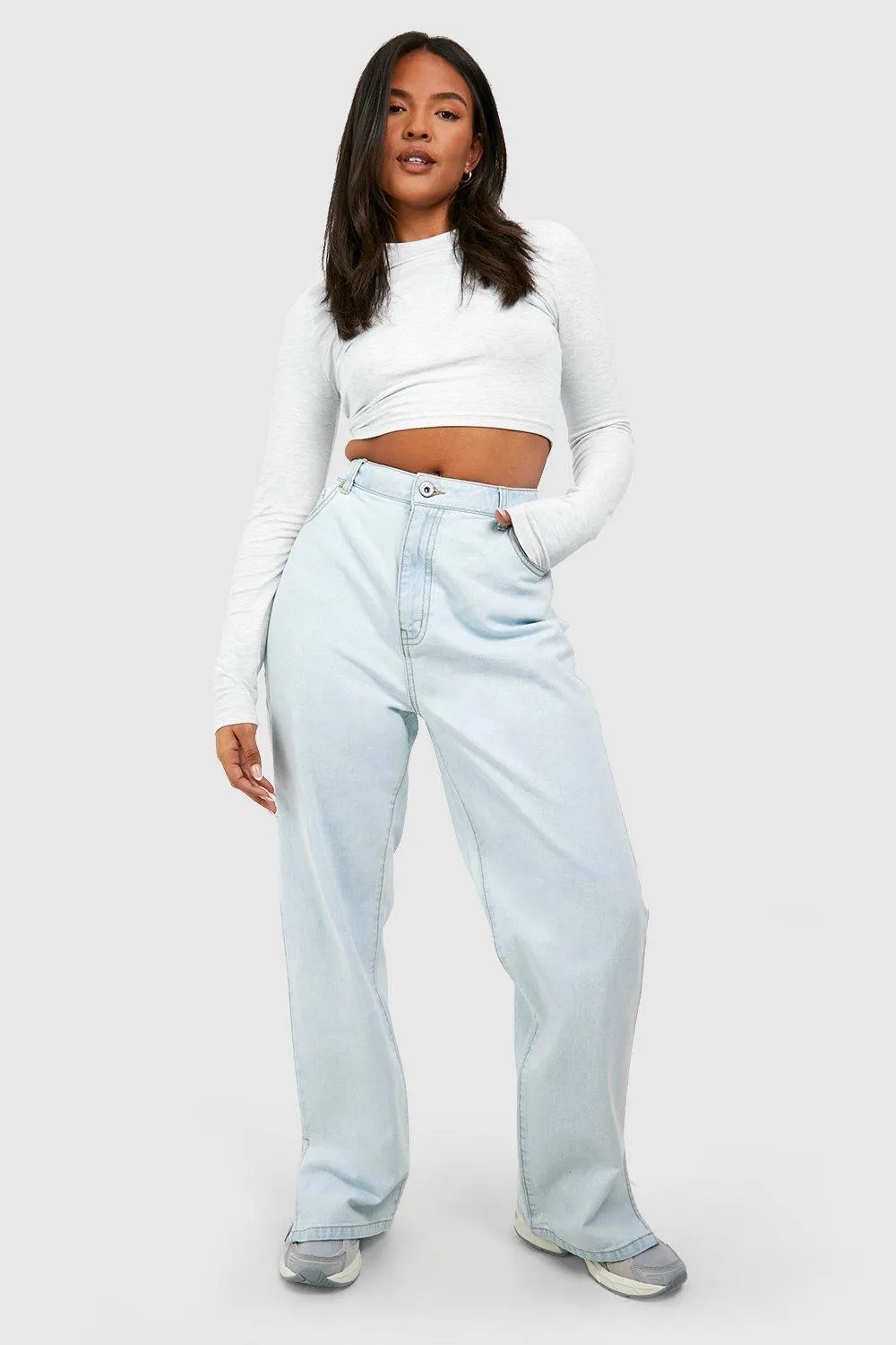 

Прямые джинсы Plus Basics с высокой талией и разрезом по краю boohoo, синий