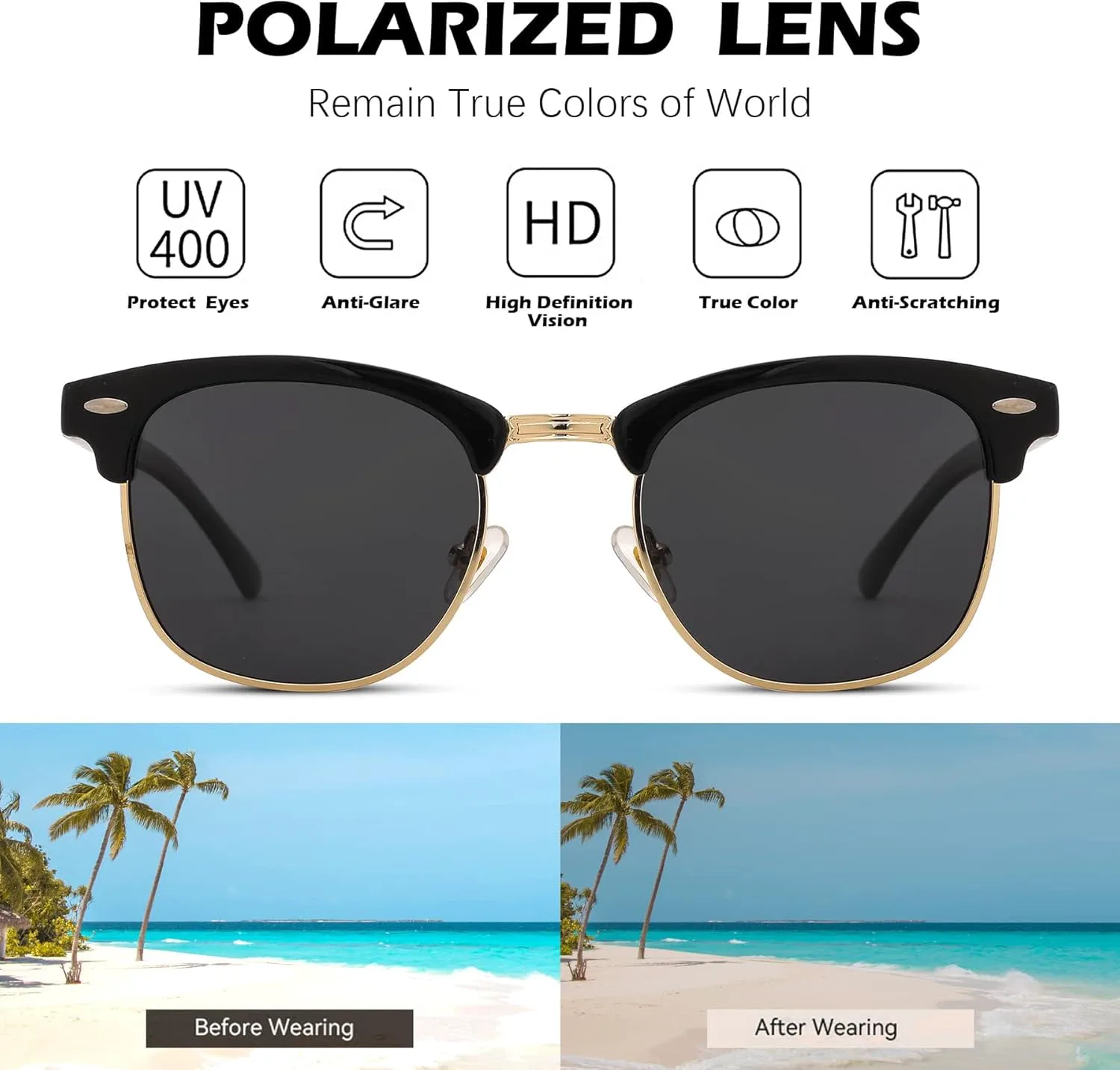 

Полуободковые поляризованные солнцезащитные очки Pro Acme с защитой от УФ-излучения UV 400 для женщин и мужчин, E3 Black/Silver Rimmed + Black/Gold Rimmed (2 Pack)