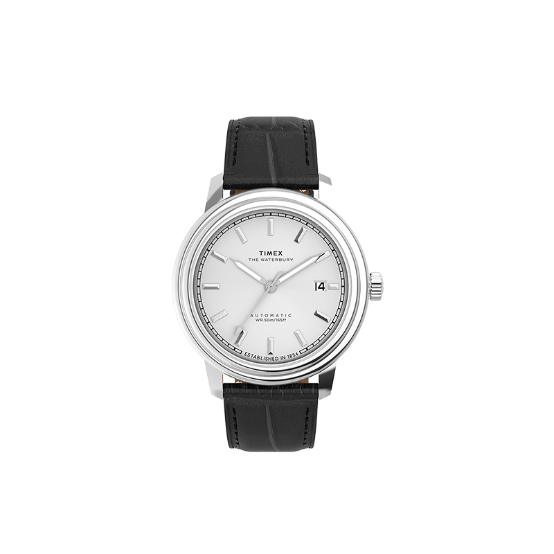 

TIMEX Часы Waterbury Collection Wrist Watch Automatic Mechanical Movement Genuine Leather Strap Black Dial Men's Watch, White