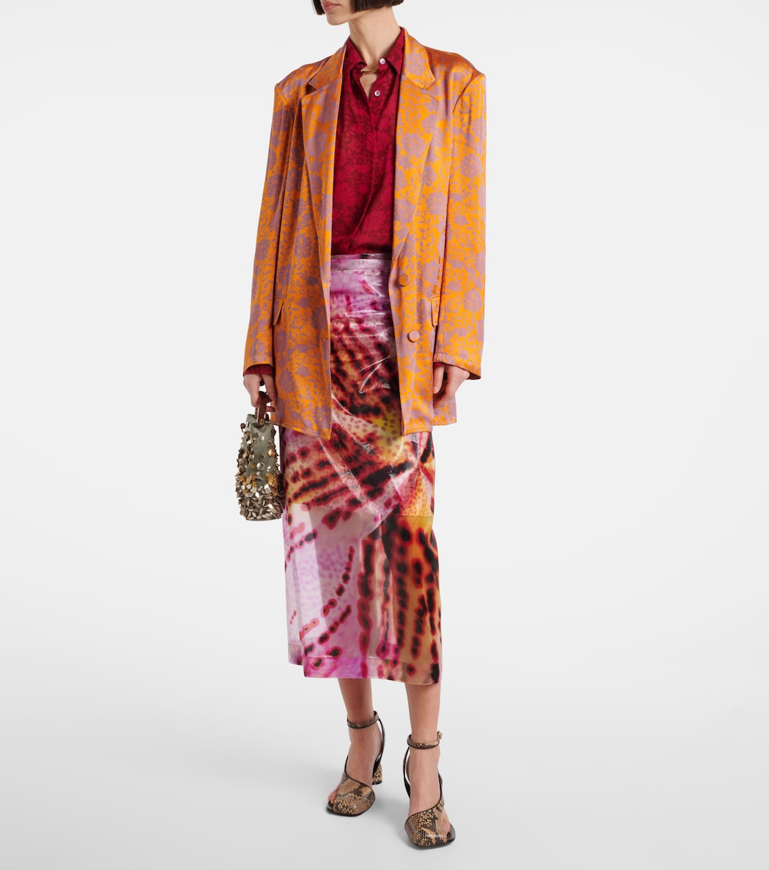 Юбка миди с саамским принтом и сборками Dries Van Noten, фуксия — фото 2
