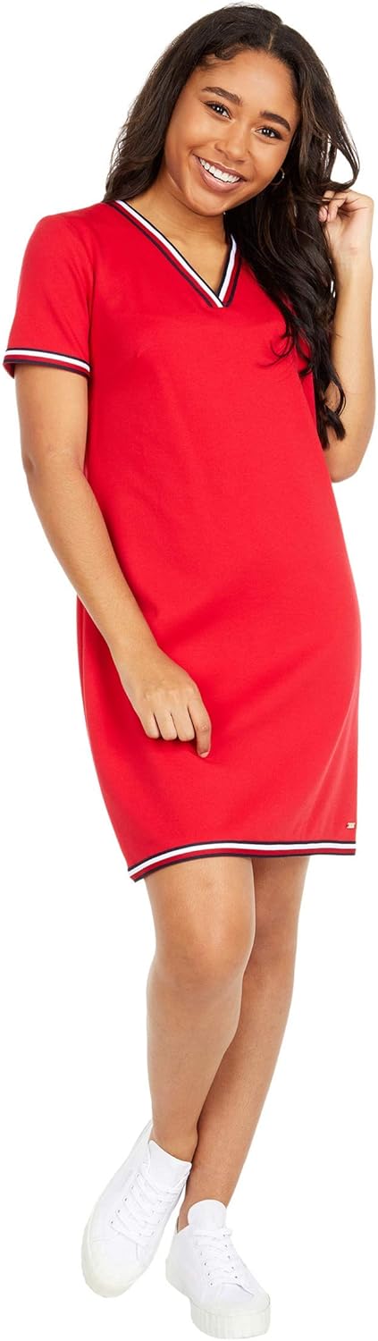 

Женское платье-трапеция Tommy Hilfiger с полосками и V-образным вырезом, короткими рукавами, Scarlet