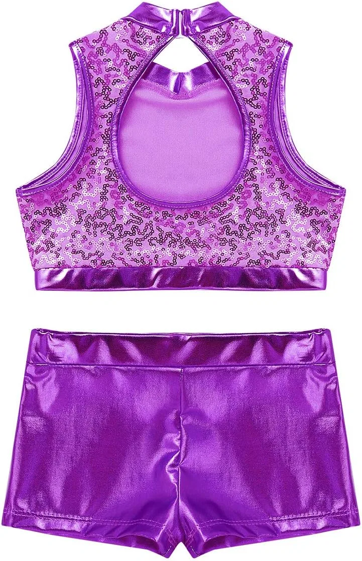Детский спортивный комплект с пайетками vastwit, топ и шорты, Mock Neck Purple — фото 4