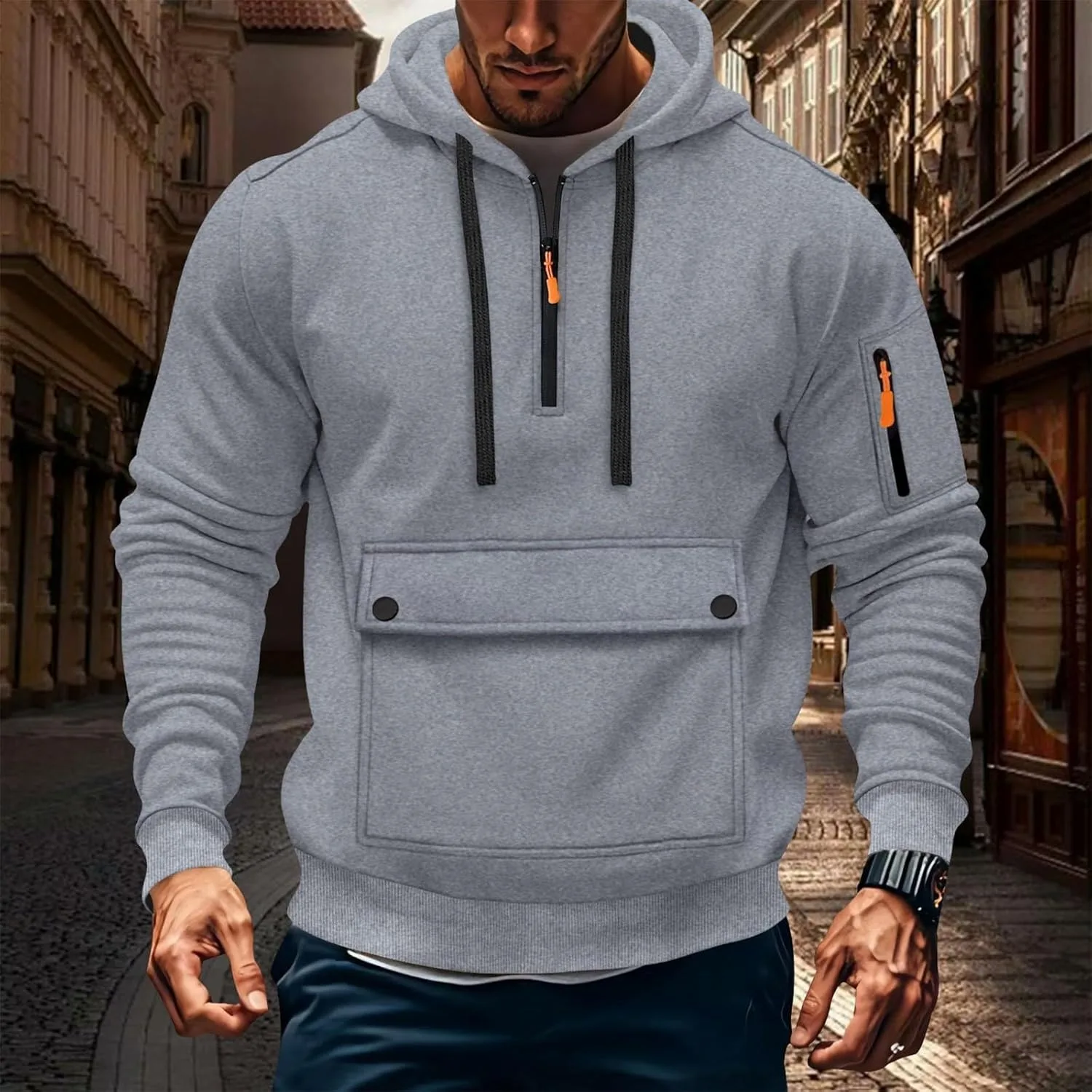 Толстовка с капюшоном Quarter Zip для мужчин, свободный крой, с карманами — фото 2