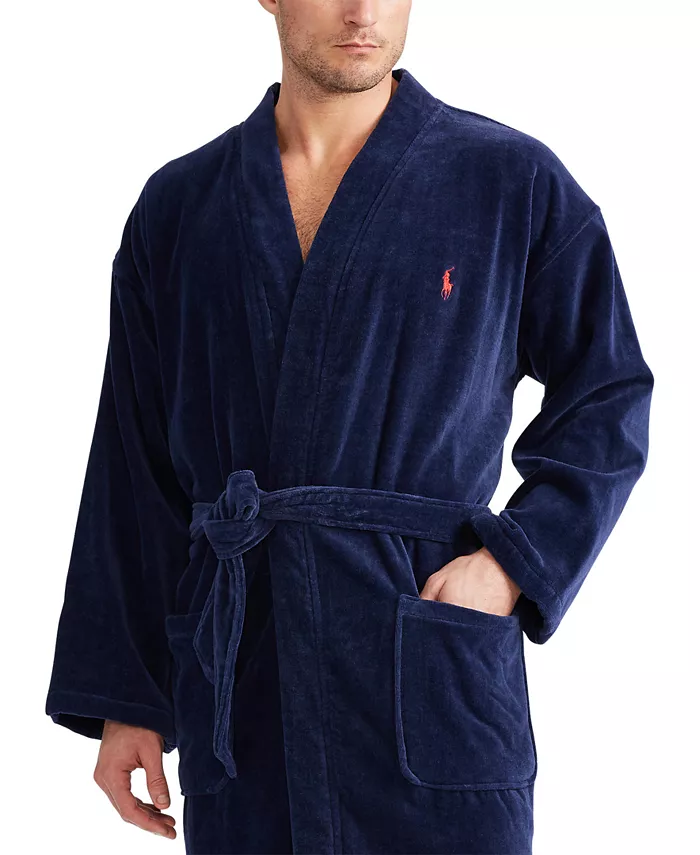 Мужской халат-кимоно из мягкого велюра и хлопка для сна Polo Ralph Lauren, синий — фото 2