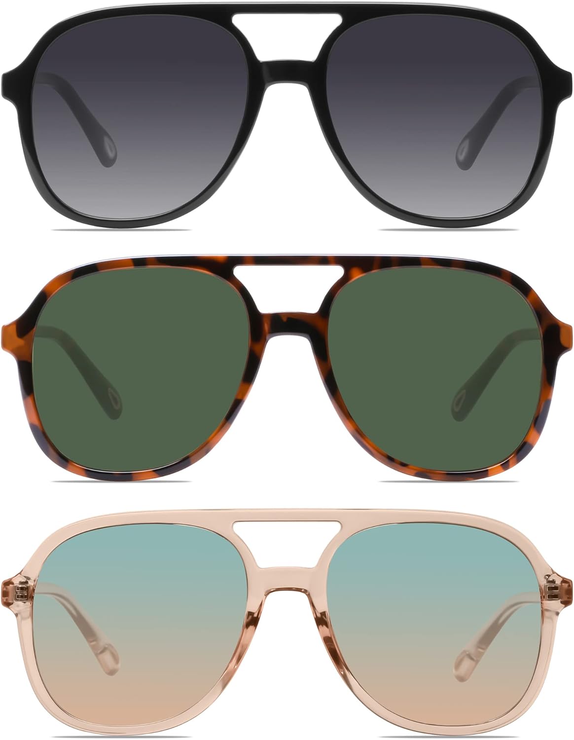 

Солнцезащитные очки-авиаторы YDAOWKN в стиле ретро, ​​квадратные, для женщин и мужчин, винтажные, 70-е годы, с двойной перемычкой, 3 Black/Grey+brown Tortoise/Green+clear Brown/Green & Brown