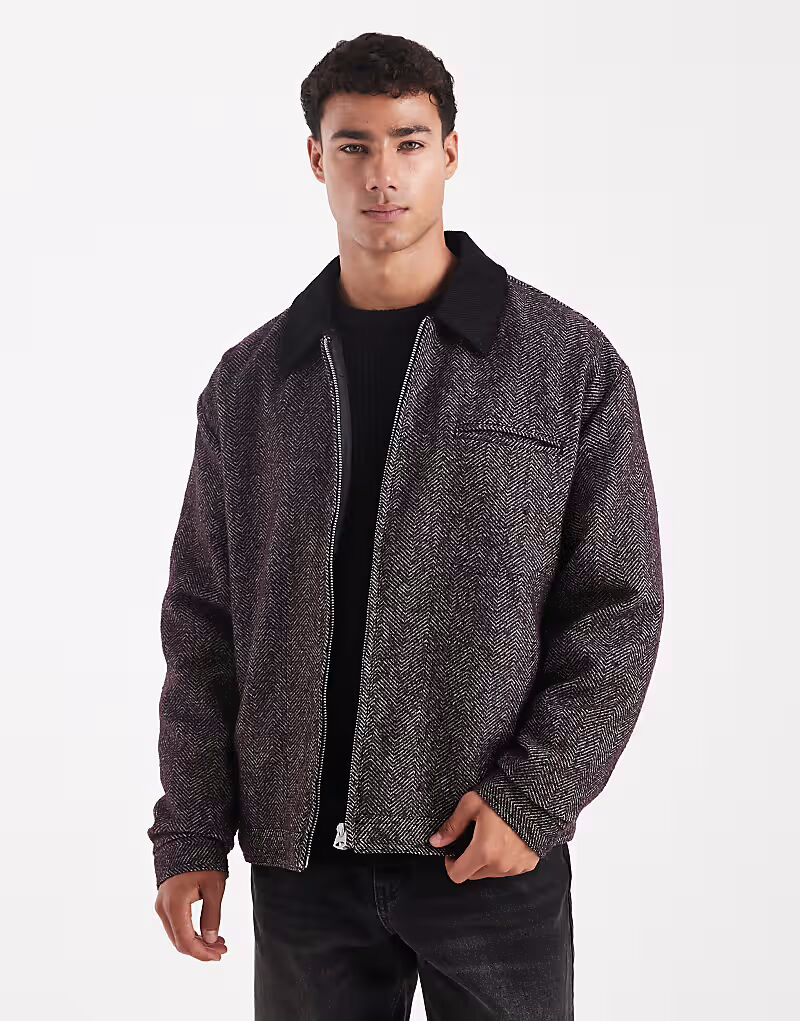 

Куртка Харрингтон бордового цвета с узором «ёлочка» Asos Design