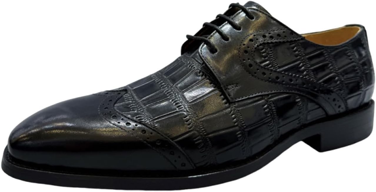 

Мужские оксфорды Santimon из натуральной кожи - шнуровка, крылья, носки-кап, броги с тисненым узором под крокодила для бизнеса, свадьбы, официальных мероприятий и офиса, черный