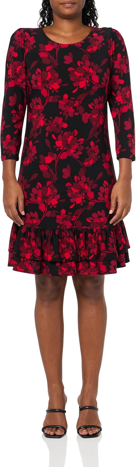 

Женское трикотажное мини-платье Tommy Hilfiger с рукавами 3/4, высоким воротом и оборками, Chil Pepper Multi