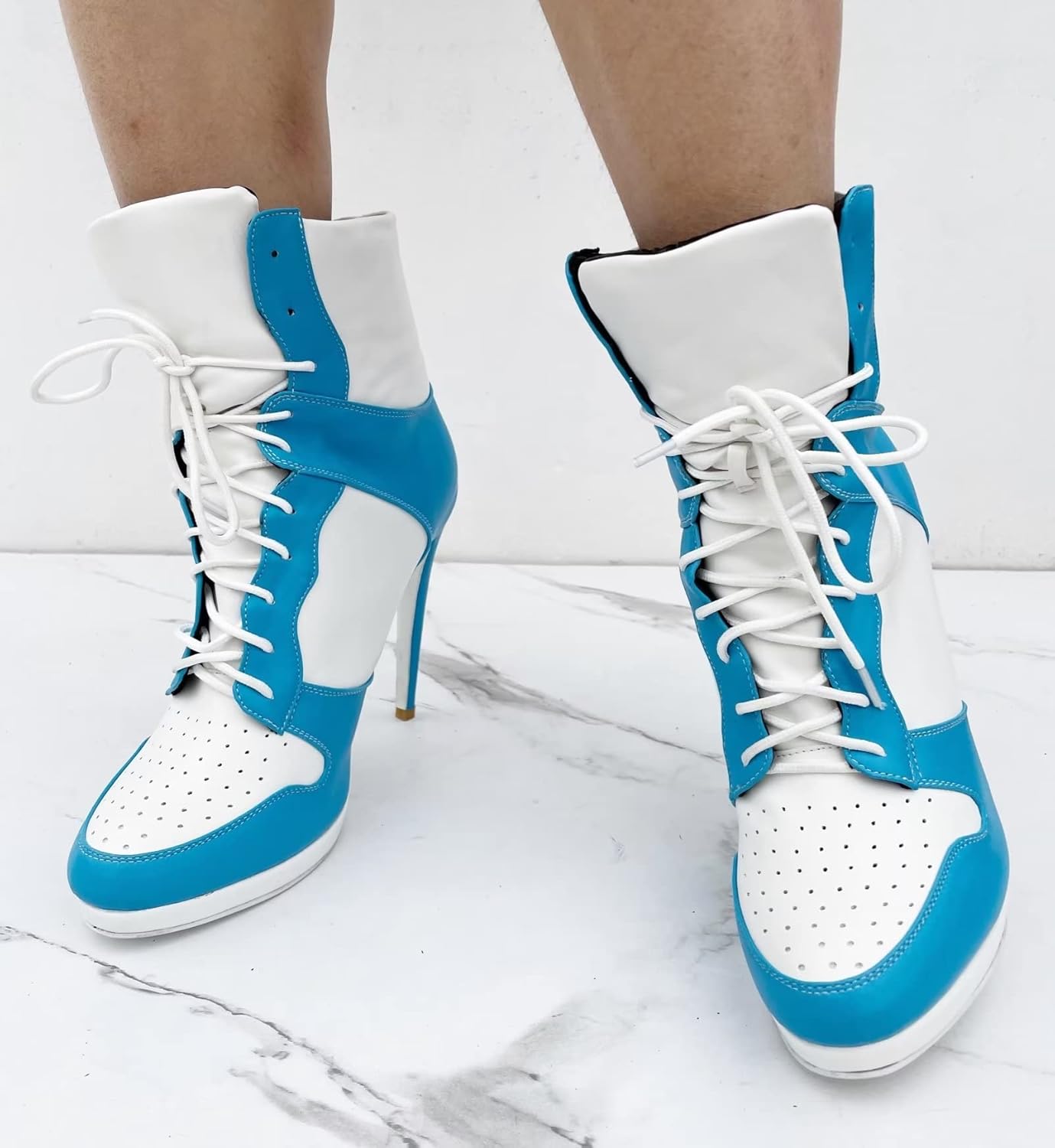 Женские и мужские ботильоны на высоком каблуке Frankie Hsu Stiletto Sport Basketball, повседневные бело-голубые кроссовочного стиля, большие размеры, дизайнерские шнурованные короткие ботинки — фото 3