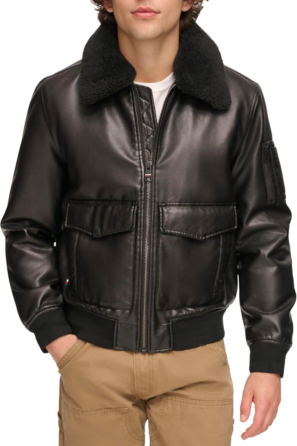 Мужская куртка-бомбер из искусственной кожи Tommy Hilfiger, Black Faux Fur Collar — фото 2