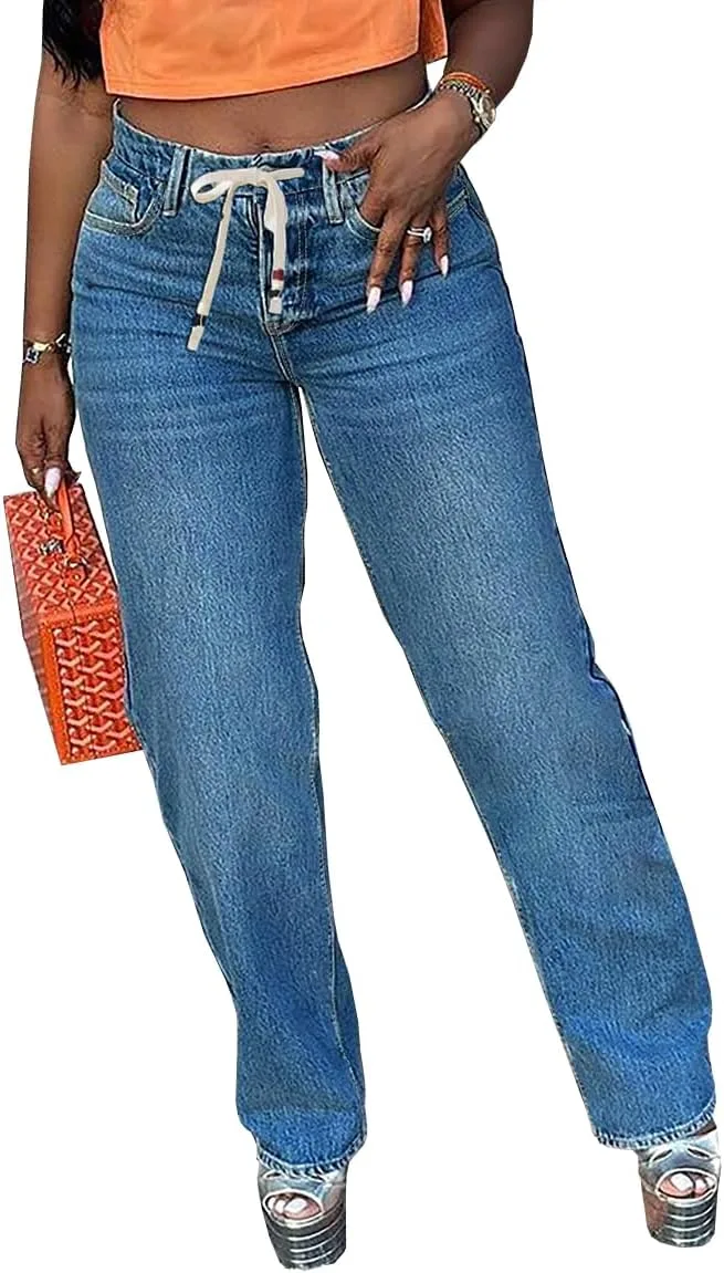 

Женские джинсы Plus Size с высокой талией и прямыми штанинами Vintage, эластичные, с кулиской TACSTRUN