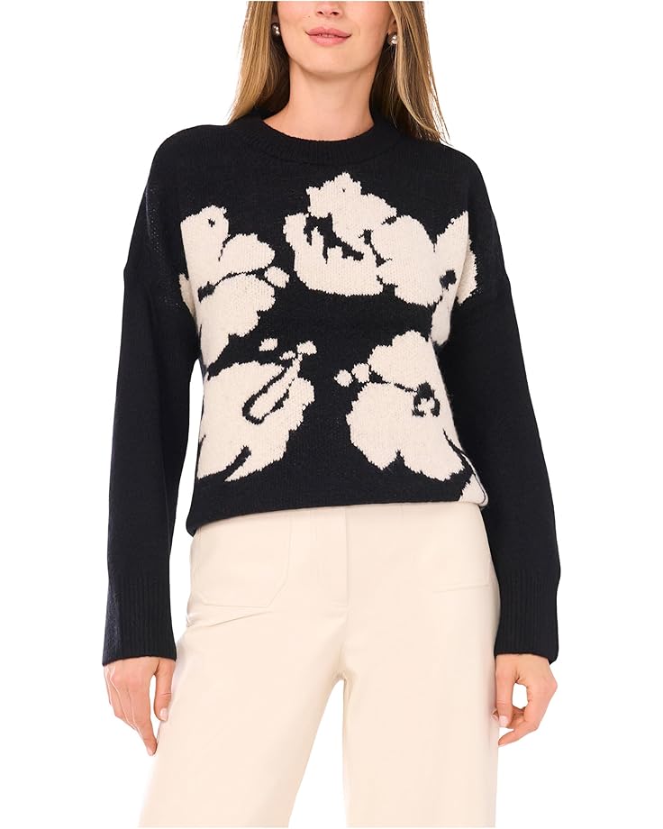 

Женский свитер Vince Camuto Flower Motif Crew Neck, Rich Black
