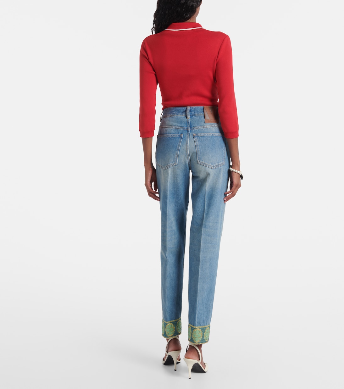 Прямые джинсы с жаккардовой отделкой Valentino, Medium Blue Denim — фото 3
