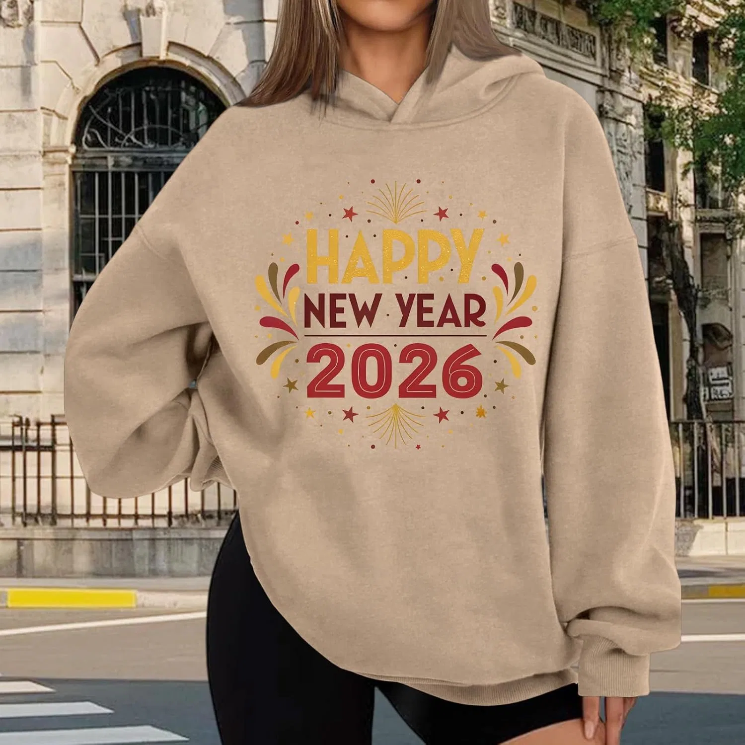 Худи женское оверсайз с принтом Happy New Year 2026, полиэстер, хаки — фото 2