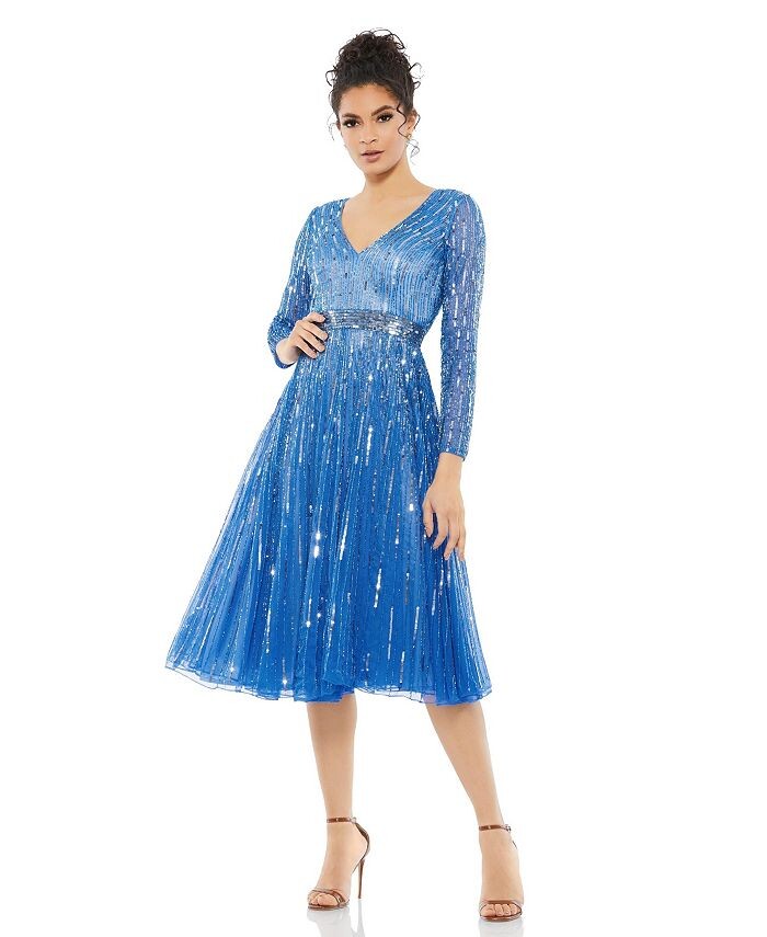 

Женское платье чайной длины с длинными рукавами Mac Duggal, цвет Denim