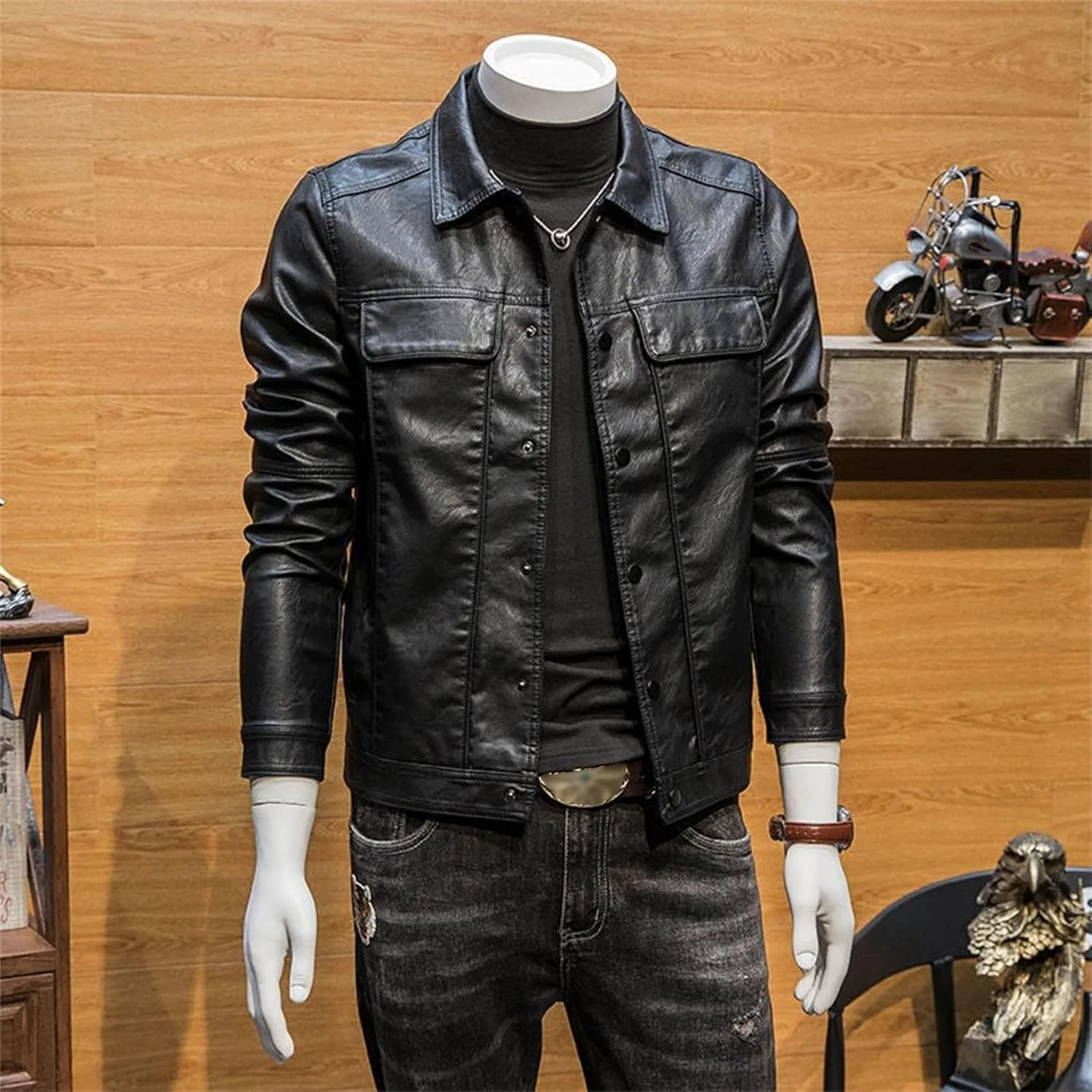 Generic Мужская кожаная куртка Casual Faux Leather мотоциклетная куртка облегченная приталенная винтажная черная байкерская куртка PU — фото 3