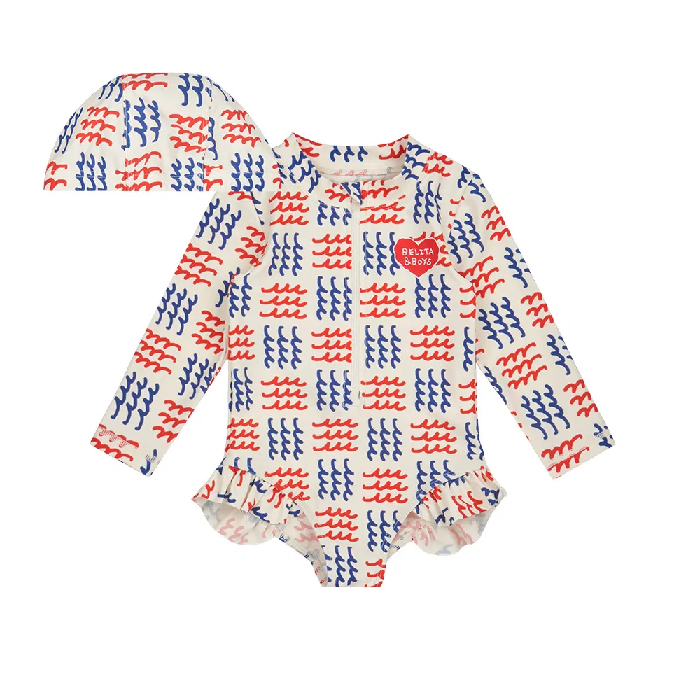 Детский купальник с воланами и шапочкой Wave Allover Frill кремовый от Belita&Boys