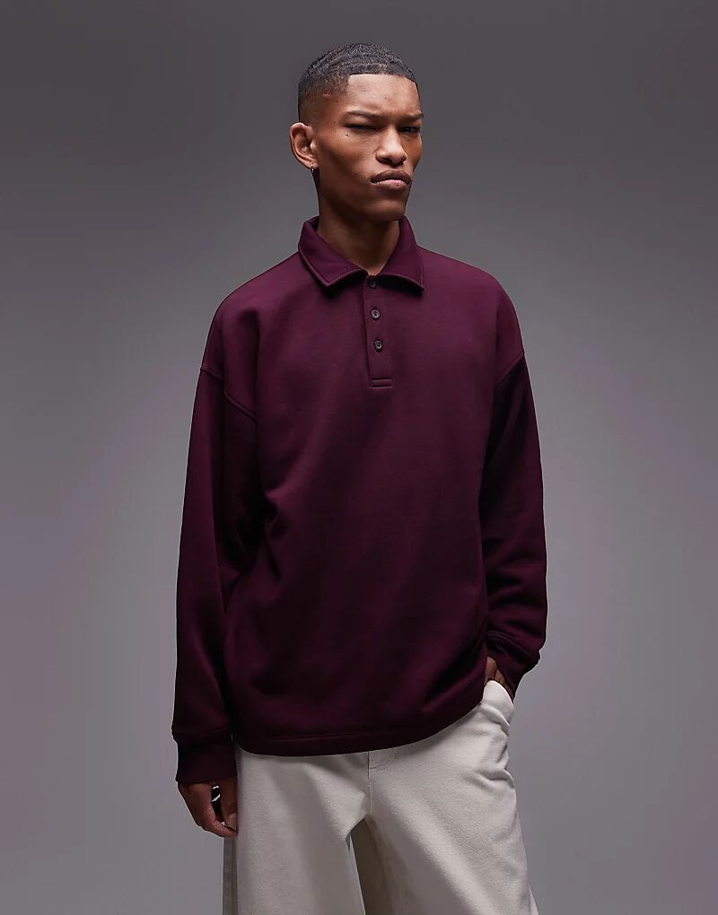 

Свободная футболка-поло с длинными рукавами бордового цвета Topman