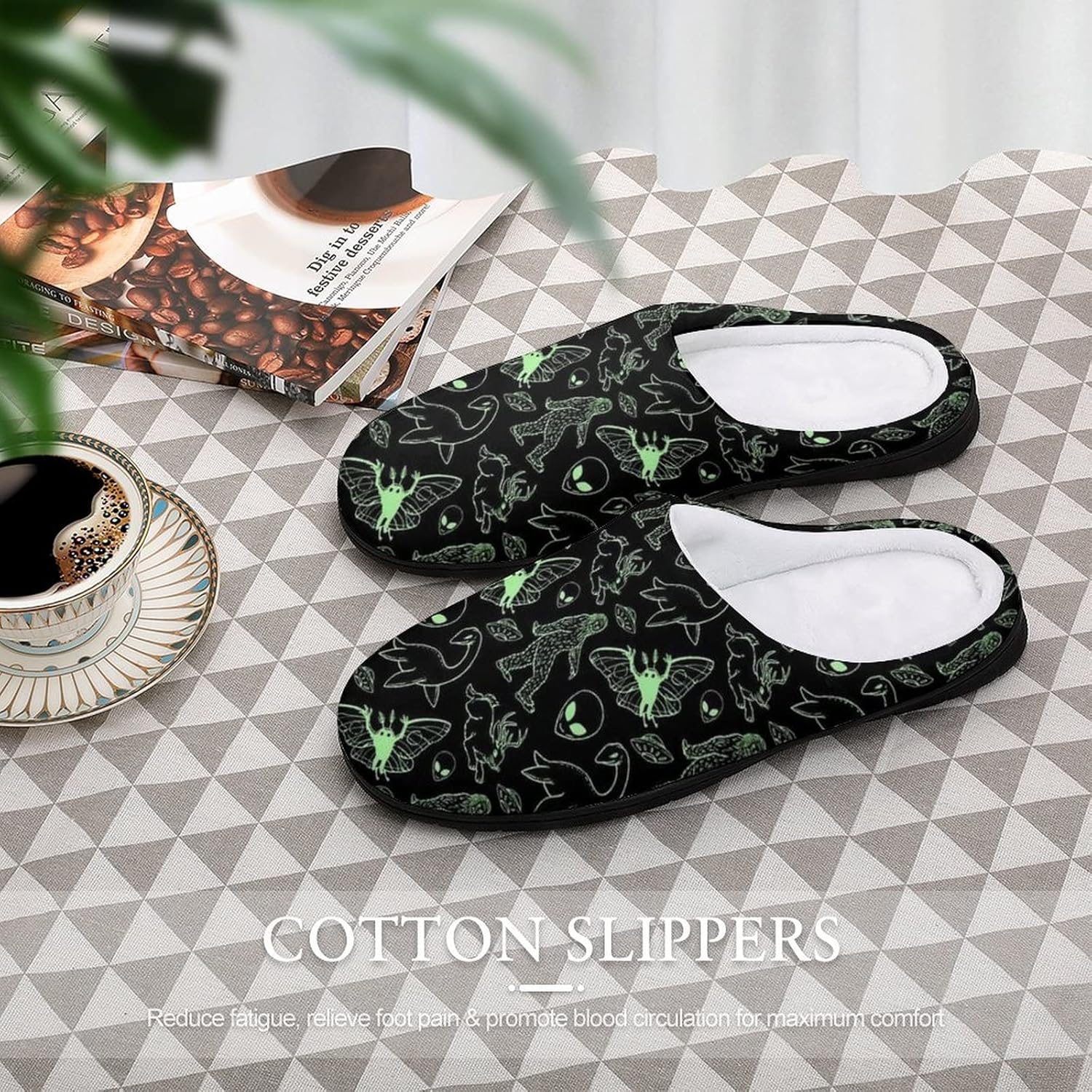 Мужские хлопковые тапочки BAIKUTOUAN Green Lines с узором криптида, теплые домашние зимние тапочки для дома, путешествий, SPA и отеля, 9-10（42-43） Style — фото 3