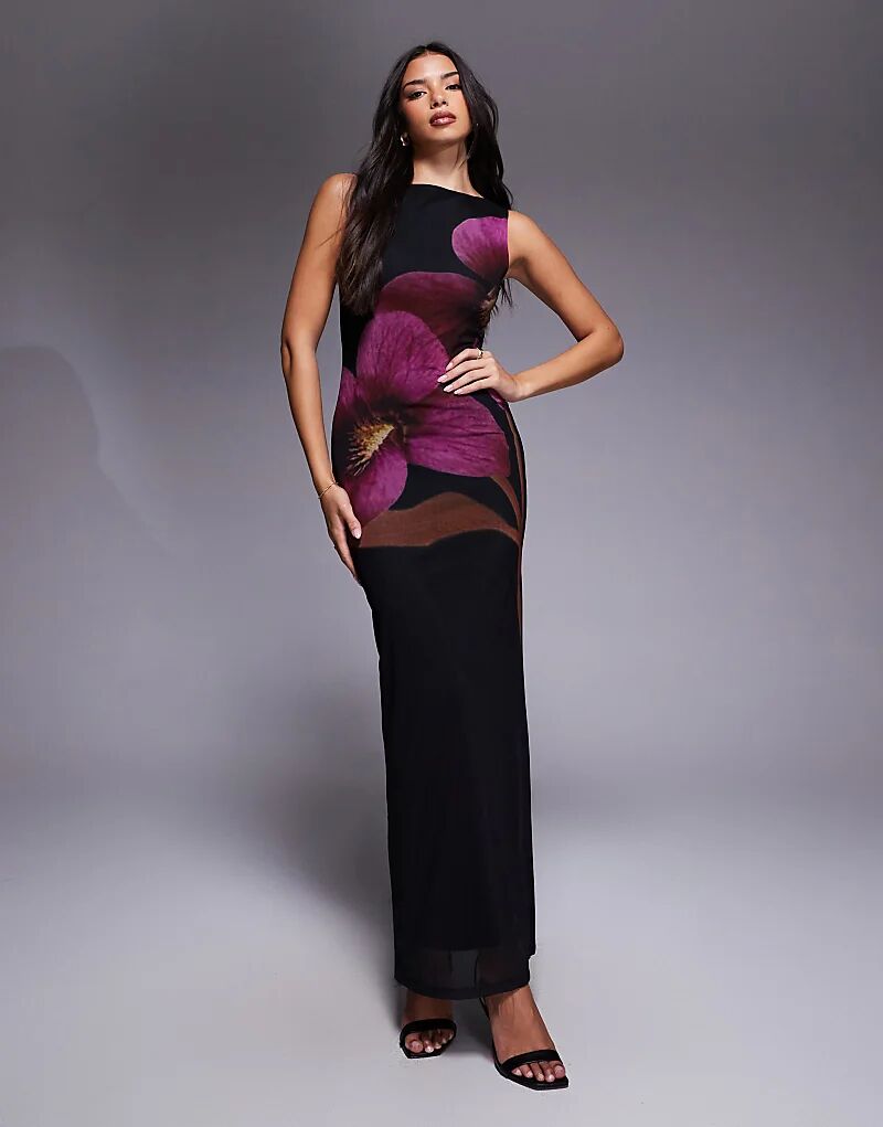 

Платье макси из сетки ASOS DESIGN с вырезом-лодочкой и цветочным принтом черного цвета