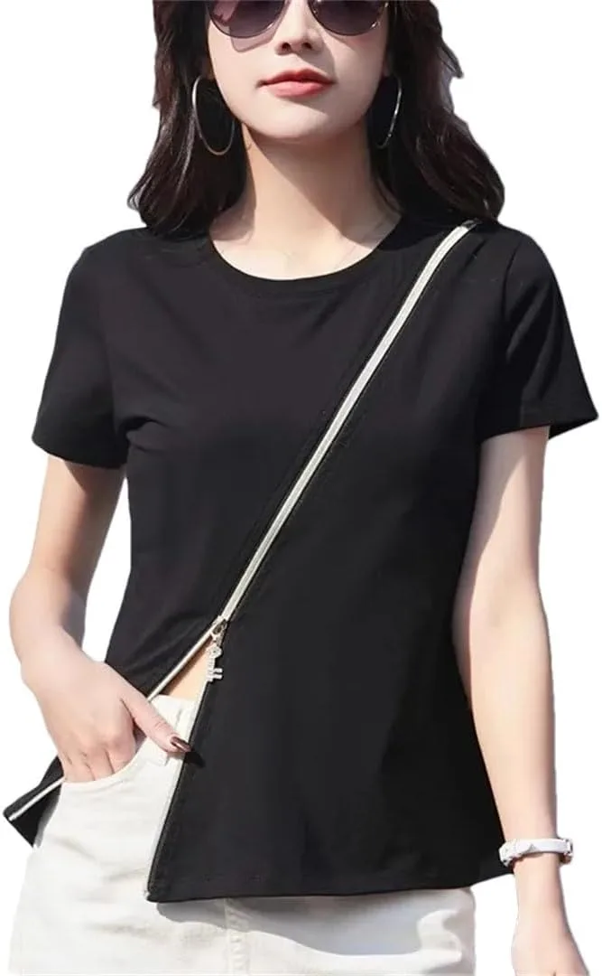 

Женская футболка с коротким рукавом, Split Zipper Top, Cotton, Plus Size