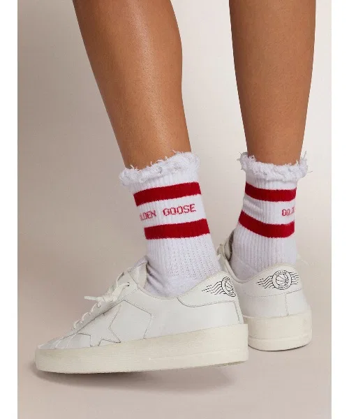Носки Golden Goose с полосками, хлопковые, белые с красным — фото 3