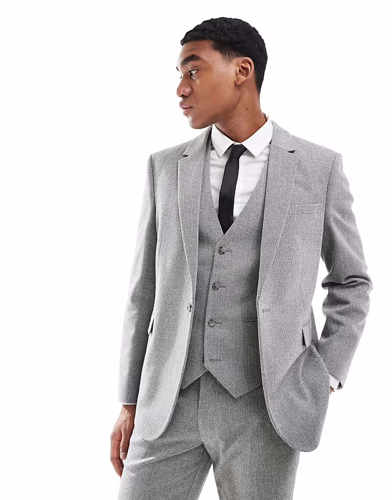

Двубортный приталенный пиджак ASOS DESIGN из шерсти серого ячменного плетения - CHARCOAL