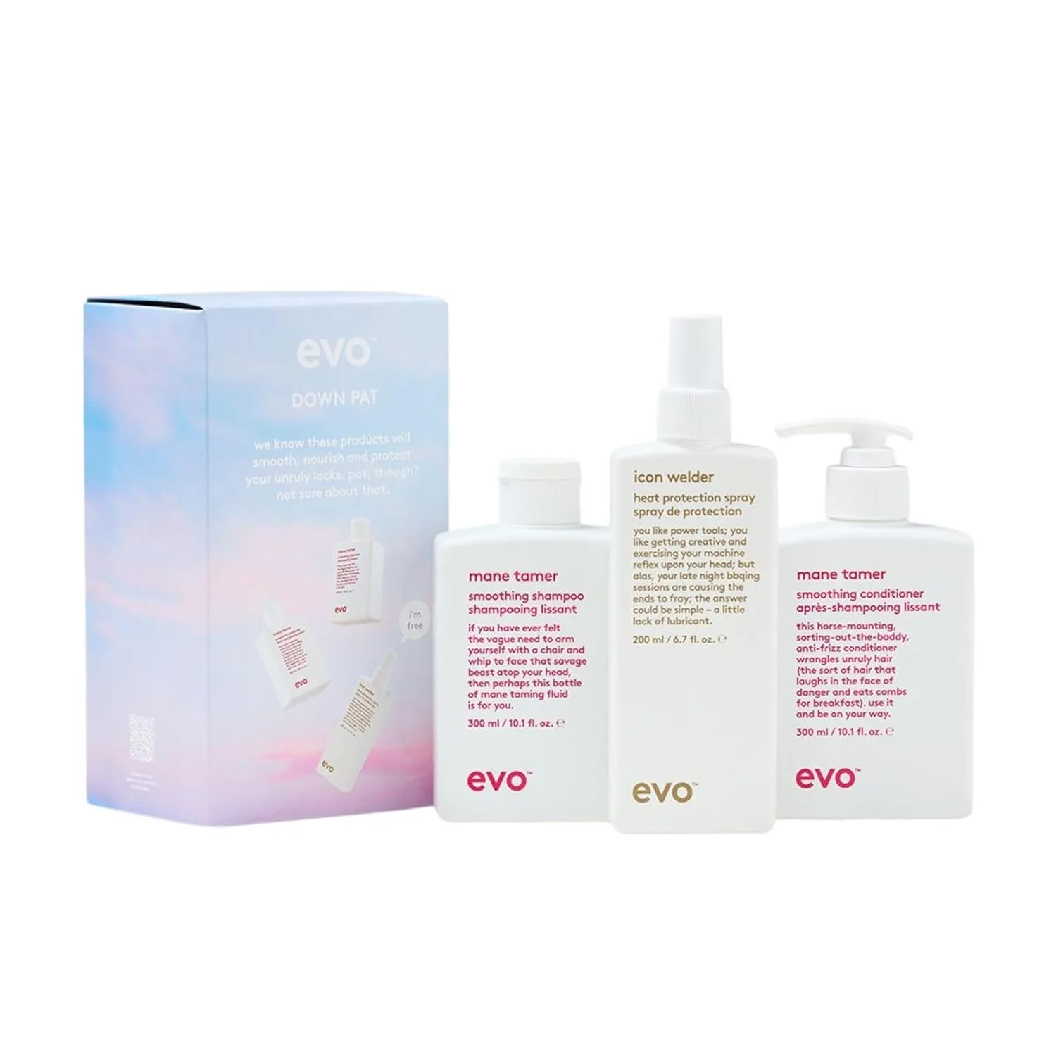Подарочный набор средств для ухода за волосами Evo Down Pat Anti Frizz: разглаживающий шампунь, кондиционер и термозащитный спрей для непослушных волос.